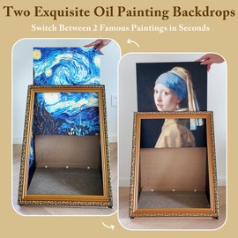 Oil Painting Frame Cat House with Scratcher - 2 Interchangeable Oil Painting Backgrounds - Starry Night & Girl with a Pearl Earring - LED fairy light Lights & Pet Hat - 3D Art Picture Frame Cardboard House Bed Cave Indoor, Easy-to-Assemble