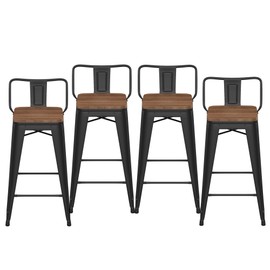 HAOBO Home 24" Low Back Metal Counter Stool Height Bar Stools with Wooden Seat [Set of 4] Barstools, Matte Black