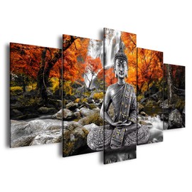 AWLXPHY Decor Buddha Waterfall Wall Art Canvas Painting Framed 5 Panels for Living Room Decoration Modern Landscape Buddha Trees Zen Stretched Artwork Giclee (Yellow, 80"x40")