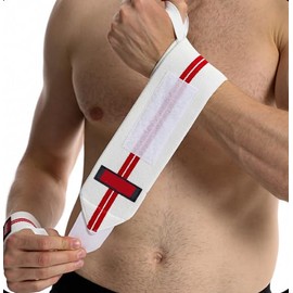 Improved Lifting Support & Stability - Gym Wrist Wraps for Weightlifting Premium Quality Hand Wraps with Thumb Loop - Weight Lifting Wrist Wraps for Pain (White with two red stripes, 1 Pair (50*8CM))