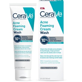 CeraVe Acne Foaming Cream Wash, Gentle Face and Body Cleanser with Benzoyl Peroxide 10%, Hyaluronic Acid, and Niacinamide, 10% Benzoyl Peroxide Treatment Clears Pimples and Blackheads 5 Oz