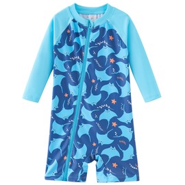 UMELOK Infant Swimwear Boy One Piece Full Zip with Long Sleeve UPF 50+ Sun Protection Swimsuit Blue Fish,6M