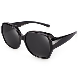 Leoidou Polarized Sunglasses Fit Over Glasses Over Glasses Trendy Round Cat Eye and HD Wrap-around Sunglasses (Black-non mirror, Black)