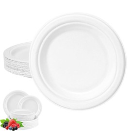 Disposable Paper Plates White 7inch/18cm,Super Rigid Bagasse Plates Eco-Friendly Compostable Biodegradable Plate,50Pack Sturdy Sugarcane Plates Party Plates Strong Plates Heavy Duty for Hot/Cold Food