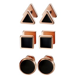 Aroncent 3 pairs men's stud earrings set stainless steel enamel round triangle square fake ear plugs tunnel piercing rose gold black, Stainless Steel, Rose-Gold