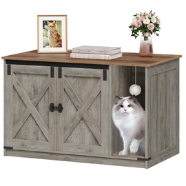 Hzuaneri Cat Litter Box Enclosure, Hidden Litter Box Cabinet Furniture with Bell, Indoor Cat House, Farmhouse Style, 39.4 x 21.7X 24.8 Inches, for Hallway, Bedroom, Light Ivory and Brown CB85205X