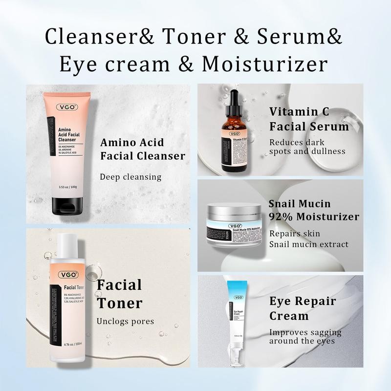 VGO 5-Step Skincare Routine: All-in-One Set Including Cleanser, Toner, Serum,