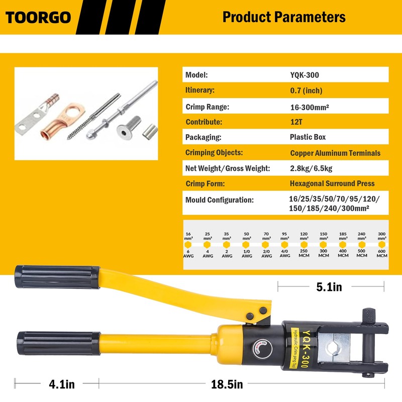 TOORGO Cable Lug Crimping Tool, 6 AWG to 600 MCM