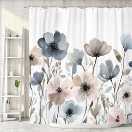 Hjokiupt Boho Floral Shower Curtain, Watercolor Beige Blue Grey White Flower Fabric Shower Curtains Set, Cute Farmhouse Flower Decoration with Hooks 72 X 72 inch