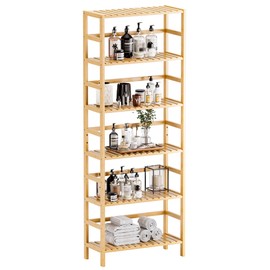 HITNET Bamboo Shelf, 6-Tier Adjustable Tall Open Bookcase, Bathroom Storage Rack Freestanding Shelving Unit, Plant Display Stand for Small Space, Natural