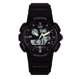 PINDOWS Women's Sport Watch Analog Digital LED Display 50M Waterproof Multifunction Fitness Tracker for Running Hiking Outdoor Adventure, 636N1: Black, Classic