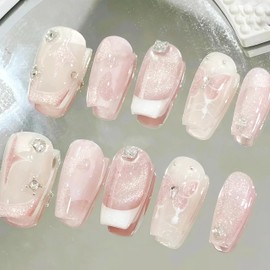 24Pcs Silver Rhinestones Press on Nails Medium White French Tip Fake Nails Square False Nails with Star Butterfly Designs Glossy Artificial Nails Cute Stick on Nails Glue on Nails for Women DIY Kit