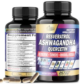 Ashwagandha Supplements 25700mg - Support Memory, Immune & Energy Production - 6 Premium Ingredients with Resveratrol, Quercetin, Berberine, Turmeric, Rhodiola Rosea - 90 Extract Capsules
