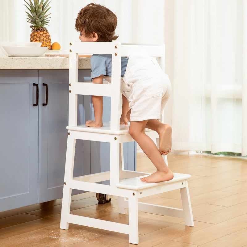 Kitchen Step Stool for Kids with Safety Rail,Solid Wood Construction