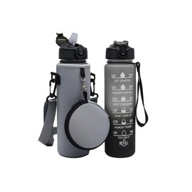 2002 Time Marked 1L Water Bottle with Straw and Neoprene Sleeve Including Bag I BPA-Free PP Material (Grey)