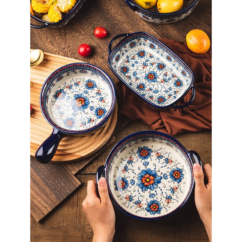 Bicuzat Blue and Orange Flower Vintage Style Ceramic Bakeware Casserole