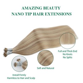 ABH AMAZINGBEAUTY HAIR Nano Tip Human Hair Nano Tip Real Hair Extensions Pre Bonded Nano Tip Extensions Dirty Blonde Highlights With Bleach Blonde Fusion Extensions #P18-613 50g 50strands 20 Inch
