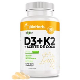 BioHerb® | Vitamina D3 + K2 (MK-7) con Aceite de Coco, 400 UI D3 + 30 µg K2 de Alta Biodisponibilidad y Absorción con 180 Cápsulas Blandas (Softgels) 