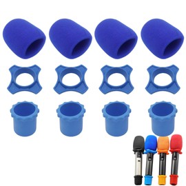 Cheerock 4 Set Blue Wireless Handheld Microphone Protection Kit - Shakeproof Anti-Rolling Silicone Ring, Bottom Rod Sleeve Holder, Windscreen Foam Cover for KTV Mic Device