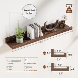 Heimlove Picture Ledge Shelf,24 inch Long Floating Shelves for Wall Set of 4,Picture Shelf with Lip for Wall Decor,Living Room,Bedroom,Bookshelf,Nursery,Perfume,Walnut Color