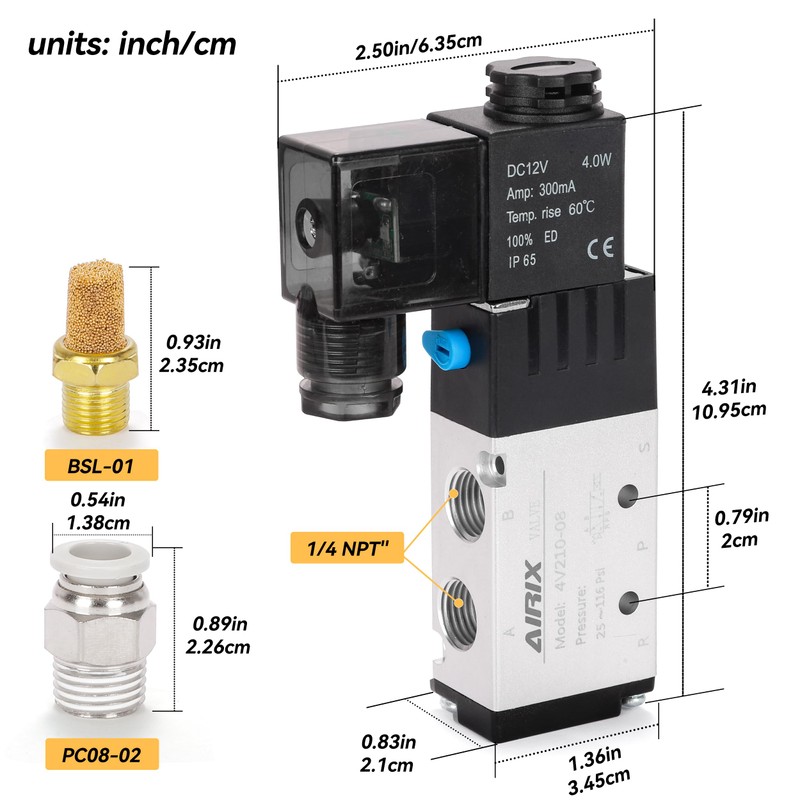 AIRIX 4V210-08 Pneumatic Solenoid Valve DC12V, 2 Position 5 Way,