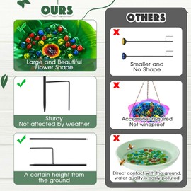 Tandefio 1 Pack Bee Feeder with 30 Colorful Glass Marbles Bee Watering Station Vivid Flower Bee Waterer Anti Rust Iron Cup for Bird Butterfly Garden Courtyard Outdoor Decorations (Green)
