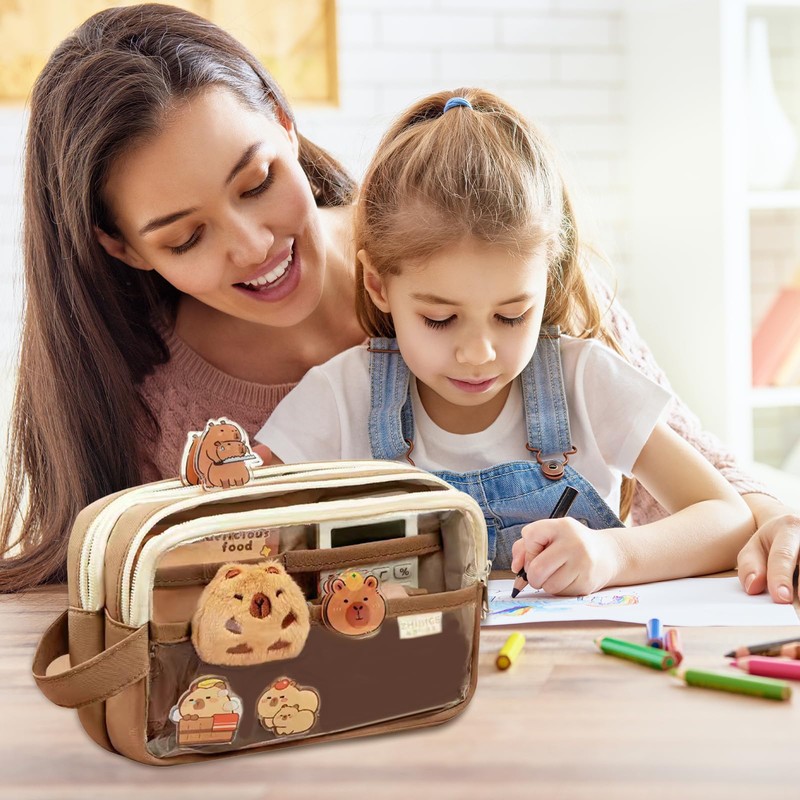 Landrain Capybara Pencil Case, 5 Layers Pencil Case, coffee, capybara