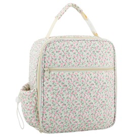 Cotton Quilted Insulated Lunch Bag, Cute Quilted Floral Lunch Tote Bags, Reusable Insulated Lunch Box Coquette Aesthetic Large Capacity Insulated Cooler for Women Men Work Travel Picnic (Pink)