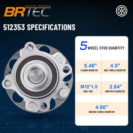 BRTEC 512353 [2 PCS] Rear Left/Right Wheel Hub and Bearing Assembly for Honda Accord 2008-2012, for Acura TSX 2009-2014 5Lugs W/ABS Pair