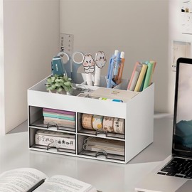 Catekro Desk Organizer with 4 Drawers, Multifunctional Pen Holder for Desk, Office Supplies, Organizer for Desk, Cute Desk Accessories with Plastic for Office