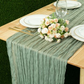 Kesfey Sage Green Cheesecloth Table Runner 35"x157", 13FT Long Gauze Table Runner Boho for Wedding, Festive Decorations and Large Parties(90x400cm)