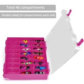 Double Sided Toy Storage Organizer Case for Hot Wheels Car, for Matchbox Cars, for Mini Toys, for Small Dolls. Carrying Box Container Carrier with 48 Compartments - Purple (Box Only)