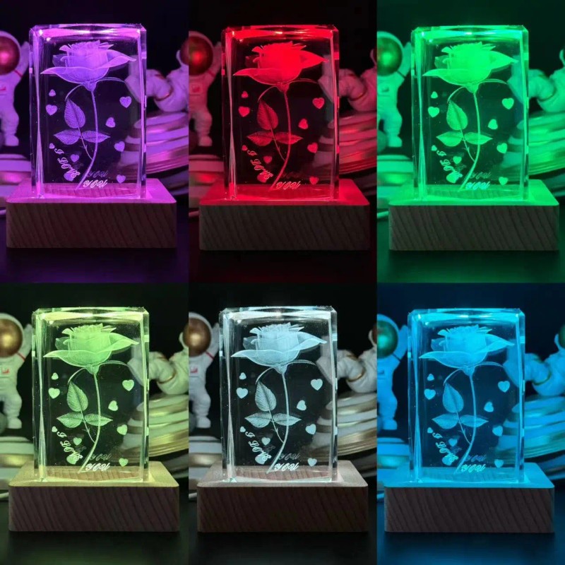Toolzia 3D Crystal Rose Night Light with Wood Base