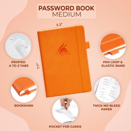 Clever Fox Password Book with alphabetical tabs. Internet Address Organizer Logbook. Medium Password Keeper for Website Logins (Orange)