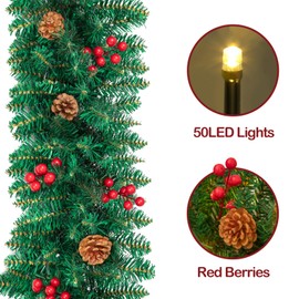 ENVEN 9FT Christmas Garland, Pre-lit Artificial Xmas Garland Decorations Greenery with Berries Cones, Warm White 50 LED Lights, Lighted for Indoor Outdoor Garden Gate Home Winter Holiday New Year