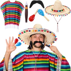 Unittype 6 Pcs México Costume Set Sombrero Hat México Poncho Mustache Maracas Outfit Fiesta Party Decorations(Gorgeous)