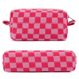 Bolsa de maquillaje pequeña para bolso, bolsa de maquillaje mullida, bonita bolsa de cosméticos, estuche estético para mujeres, bolsa de aseo de viaje, bolsa de maquillaje de felpa, A cuadros rosa