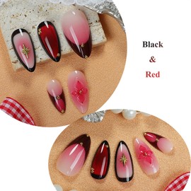 MERVF Press on Nails Medium Almond, Red Aura Black French Tip Fake Nails, 3D Flower Glue ons Acrylic Nail Goth Desgin Supplies Glossy 24pcs