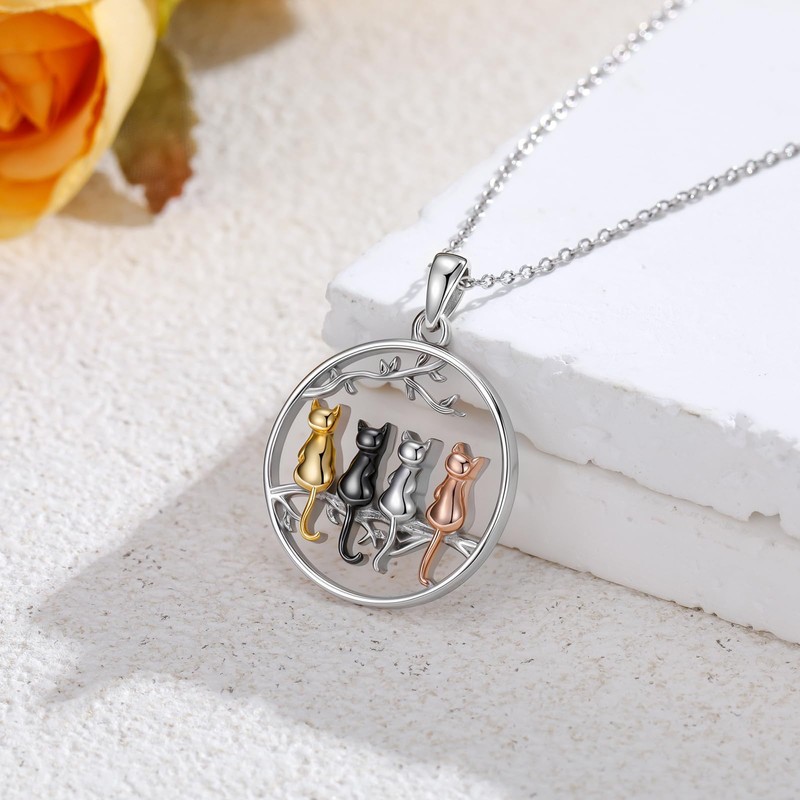 LONAGO Four Cats Tree Pendant Necklace Cat Necklace Sterling Silver