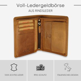Baur Men's Genuine Leather Wallet with RFID Protection Large Wallet Portrait Format Wallet with Coin Compartment Wallet, camel, Portrait format standard