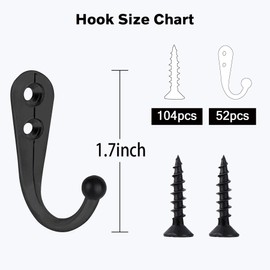 Hajoyful Coat Hooks-52 Pack Farmhouse Hooks with 104Pcs Screws, Black Decorative Rustic Coat Hooks Rack, Wall Mounted Single Prong Robe Hook, Vintage Organizer Hanging Wire Hook Clothes Hanger