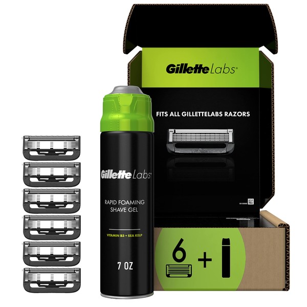 Gillette Mens Shaving Kit With Exfoliating Bar By Gillettelabs, Includes 6 Razor Blade Refills, 198G Rapid Foaming Shave Gel For Men, Gray And Green