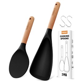 Multifunction Silicone Spatula Spoon 2-Pack Dual-Use-Heat-Resistant 446°F BPA-Free Non-Toxic Cooking for Non-Stick Cookware,Rice Cookers,Wooden Handle Scoop/Serve Meal/Rice Spoon,Scratch-Proof (Black)