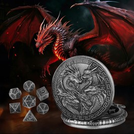 Mini DND Dice Set, Steampunk Retro Five Dragon Heads Pocket Watch Shell Case, DND Starter Set, 7pcs Polyhedral Metal Dice Set, D&D Gifts with Gift Box, Role Playing Board Game Accessories, Silver