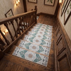 Dunzy 15 Pcs Non-slip Stair Treads for Wooden Steps 30x8 Inch, Peel and Stick Chenille Carpet Treads, Vintage Floral Medallion Print Stair Rug, Residue-free Adhesive, Machine Washable for Seniors Pets