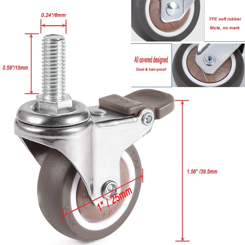 Skelang Mini 1'' Swivel Threaded Stem Casters, Small TPE Mute