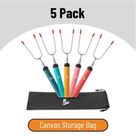 UNCO- Marshmallow Sticks for Fire Pit, 5 pcs, 34", Colorful Rotational Handles, Extendable Stainless Steel Marshmallow Roasting Sticks with Canvas Storage Bag, Skewers for Smores Skewers