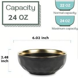 vicrays Ceramic Salad Bowls Set for Kitchen, Serving - 24 Ounce Soup Bowls, Pasta Bowls, Chip Resistant, Dishwasher Safe, NOT Microwave Safe, Fluted, Stoneware, Set of 6 (Black with Golden)