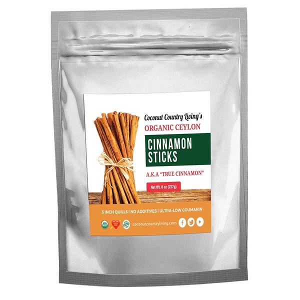 Organic True Ceylon Cinnamon Sticks 8 oz Fairtrade, Freshly Harvested & Packed in Sri Lanka w/E-BOOK Recipes & Crafts