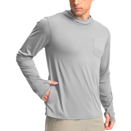 Men's Sun Protection Shirts UPF 50+ Long Sleeve Hoodie with 2 Pockets UV SPF Fishing Hiking Rash Guard Outdoor Shirts (Light Grey, Large)